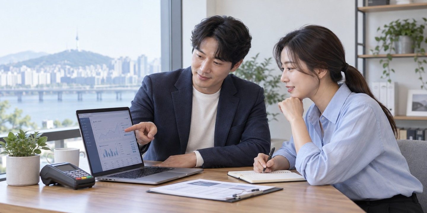 노트북 화면을 함께 확인하는 두 사람 — PG결제 중고기계 카드결제 매입으로 통장이 얇아진 달에도, 단말기는 설치비 0원으로 들여 드립니다.